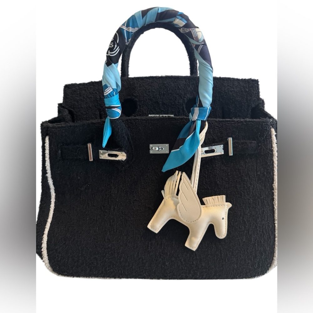 Beach Haus black terrycloth tote with scarf and charm.  Super cute for vacation!